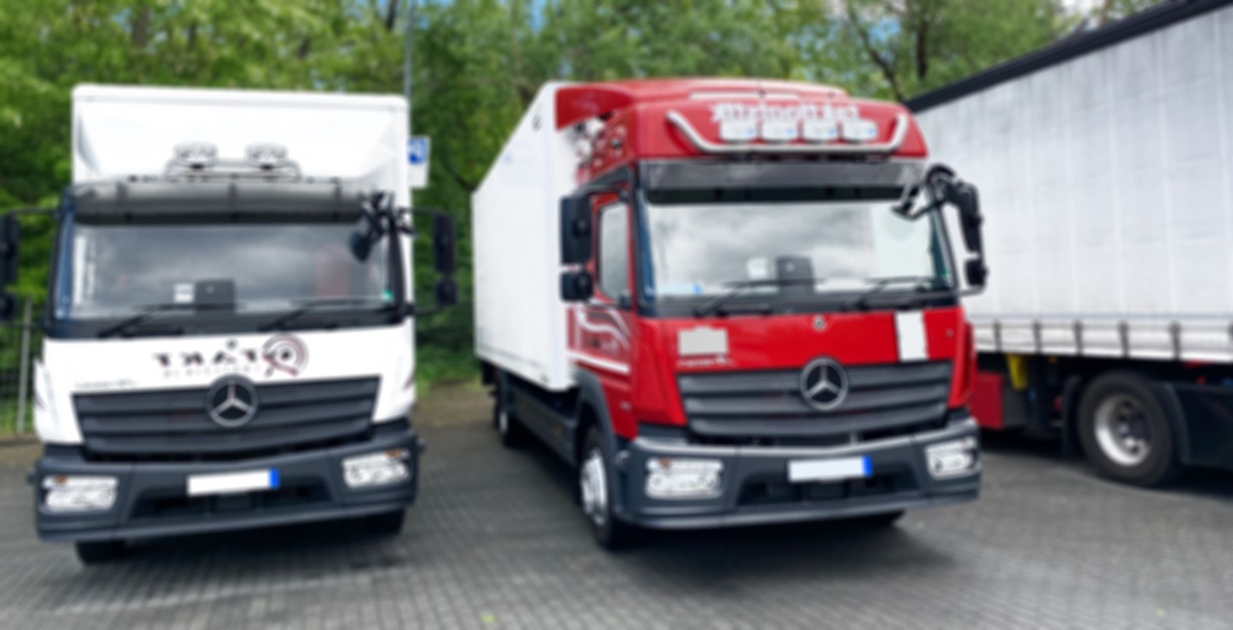 Zwei geparkte Mercedes-Lkw, einer weiß, einer rot-weiß, auf einem Parkplatz mit Bäumen im Hintergrund